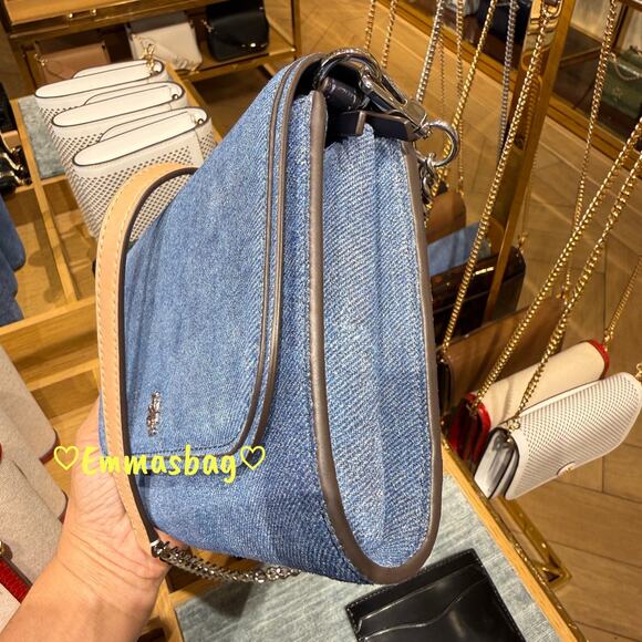 Tory Burch Emerson Denim Suede Chain Wallet Crossbody 175875 Dark Denim $475 - Picture 3 of 7